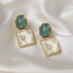 Green & Pearl Geometric Drop Earrings