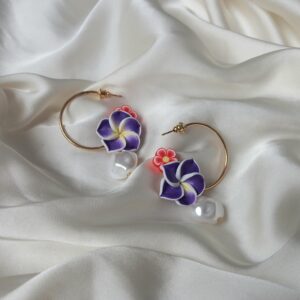 Purple Flower Hoop Earrings with Pearl Drop