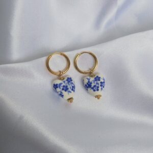 Blue Floral Heart Hoop Earrings