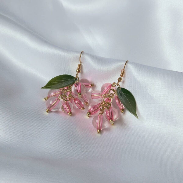Pink Bead Grape Drop Earrings