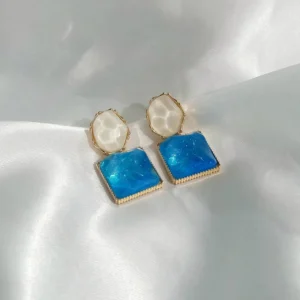 Blue & Pearl Geometric Drop Earrings