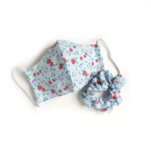 Reusable Blue Flower Face Mask And Matching Scrunchie - Face Covering, Strawberry Pattern, Flower Pattern, Floral Design, Hair Accessory