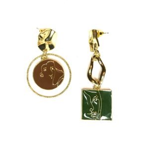 Brown and Green Mismatched Face Drop Earrings