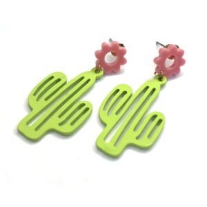 Green Cactus & Pink Flower Drop Earrings