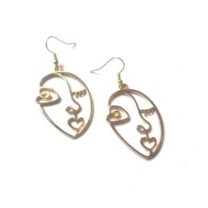 Gold Abstract Face Earrings with Heart Detail