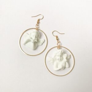Gold & White Cherub Hoop Earrings