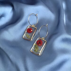 Gold Hoop Earrings with Red Flower Charm