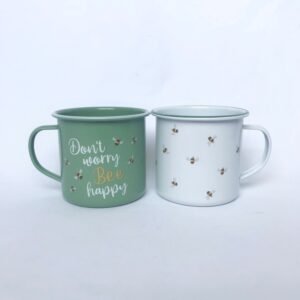Set of 2 Bumble Bee Design Tin Mug - White Mug, Bee Mug, Coffee Cup, Gifts For Her, Camping Mug, Garden Mug, Cute Mug, Bee Design Cup