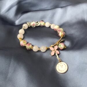 Pink Floral Bead Charm Bracelet - Bead Jewellery, Pink Accessories, Charm Bracelet,Bead Bracelet,Classy Bracelet,Cute Bracelet,Pink Jewelley