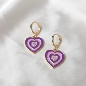 Purple and Gold Retro Heart Drop Earrings