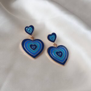 Blue & Gold Retro Heart Drop Earrings