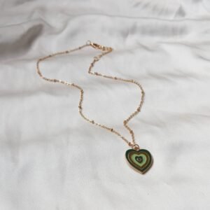 Green & Gold Retro Heart Necklace -  70's Style Necklace, Vintage Style, Hanging Jewellery, Accessories, Green Jewellery, Gold Necklace