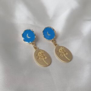 Blue & Gold Flower Drop Earrings