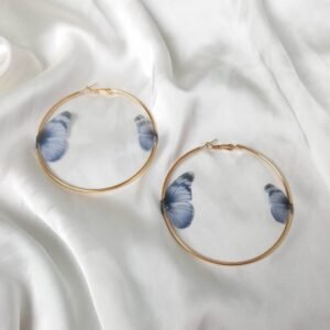 Gold Hoop Earrings with Blue Butterfly Wing