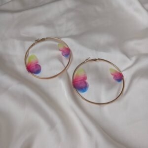 Gold Hoop Earrings with Iridescent Butterfly Wing
