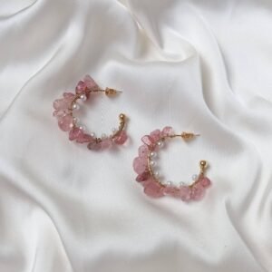 Pink Stone Cluster Gold Hoop Earrings