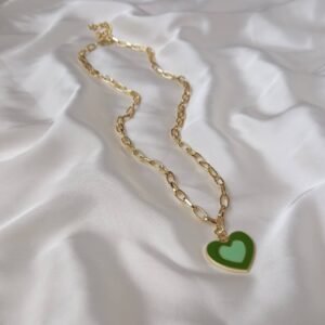 Green & Gold Retro Heart Necklace -  70's Style Necklace, Vintage Style, Hanging Jewellery, Accessories, Green Jewellery, Gold Necklace