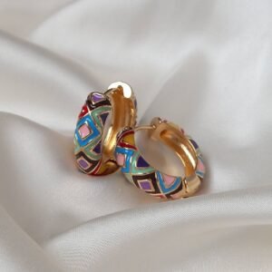 Gold Huggie Hoop Earrings with Mosaic Pattern