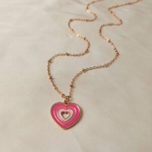 Pink & Gold Retro Heart Drop Charm Necklace -  70's Style Necklace, Vintage Style,Hanging Jewellery,Accessories,Pink Jewellery,Gold Necklace