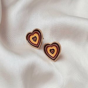 Brown & Gold Retro Heart Stud Earrings