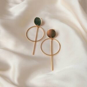 Green Stone Gold Circle Drop Earrings