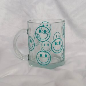 Blue Smiley Face Glass Mug -  Valentines Day Gift, Valentines Mug, Smiley Mug, Positive Mug, Happy Mug, Clear Mug, Blue Mugs In The UK