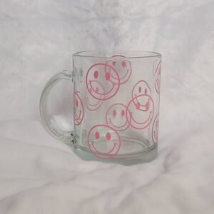 Pink Smiley Face Glass Mug -  Valentines Day Gift, Valentines Mug, Smiley Mug, Positive Mug, Happy Mug, Clear Mug, Pink Mugs In The UK