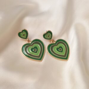 Green & Gold Retro Heart Drop Earrings