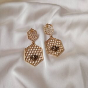 Gold Honeycomb Bee Drop Earrings