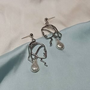 Silver Line Art Face Drop Earrings