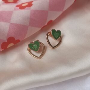Green & Gold Retro Heart Stud Earrings
