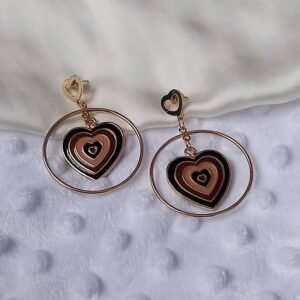 Brown & Gold Retro Heart Drop Hoop Earrings