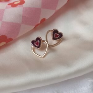 Brown & Gold Retro Heart Stud Earrings