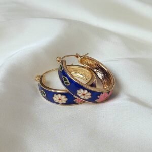 Blue Enamel Hoop Earrings with Flower Detail