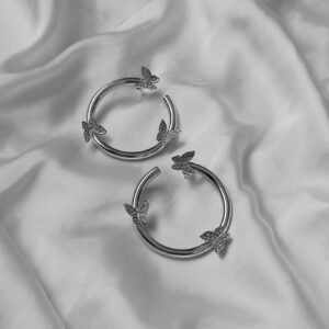 Large Silver Hoop Earrings with Butterfly Detail