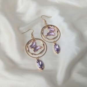 Gold Purple Butterfly Drop Earrings