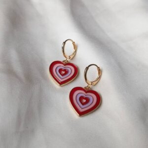 Pink & Gold Retro Heart Drop Earrings