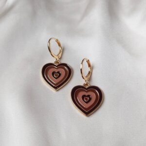Brown Checkerboard Heart Drop Earrings
