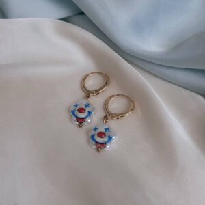 Gold Hoop Earrings with Clown Face Charm – Blue & Red Detail