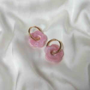 Pink Retro Flower Gold Hoop Earrings