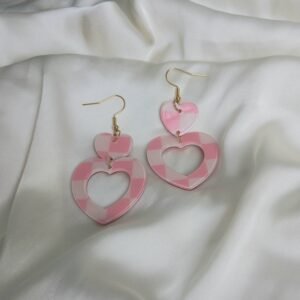 Pink Gingham Heart Drop Earrings