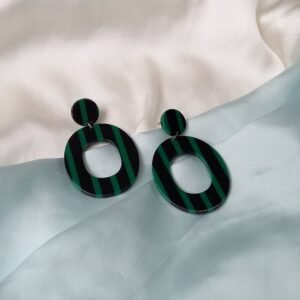 Green Striped Drop Earrings – Circle Design