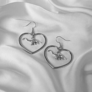 Silver Dinosaur Heart Hoop Earrings