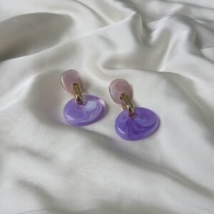 Lilac Round Drop Earrings – Purple Statement Earrings with Gold Detail