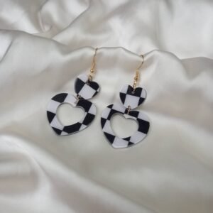 Black & White Checkerboard Heart Drop Earrings