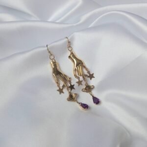 Gold Hand & Purple Star Charm Drop Earrings