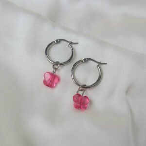 Silver Hoop Earrings with Pink Butterfly Charm