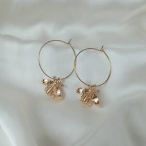 Gold Bee Charm Hoop Earrings