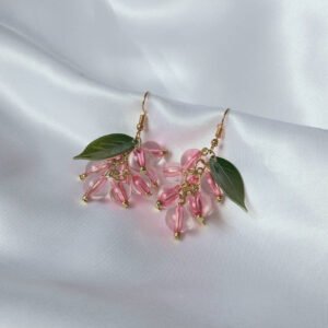 Pink Bead Grape Cluster Drop Earrings