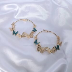 Gold Hoop Earrings with Blue Butterfly Charms